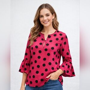 Harvé Benard Polka Dot Blouse Size L – Merlot Black Print